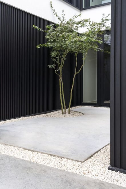 terrasse minimaliste avec sol béton, gravier blanc et claire-voie charbon