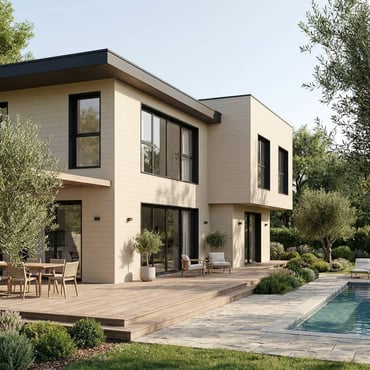 Un bardage composite ivoire tendance pour maison contemporaine